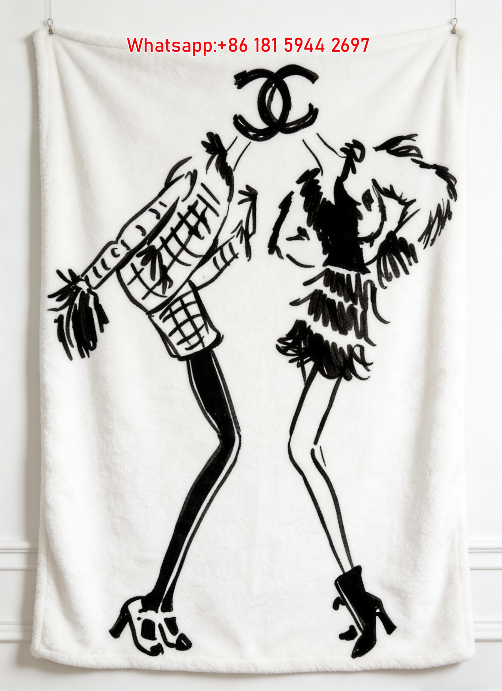 Chanel CC Logo Headless Fashionista Sketch Flannel Sofa Throw Blanket IMG_6780